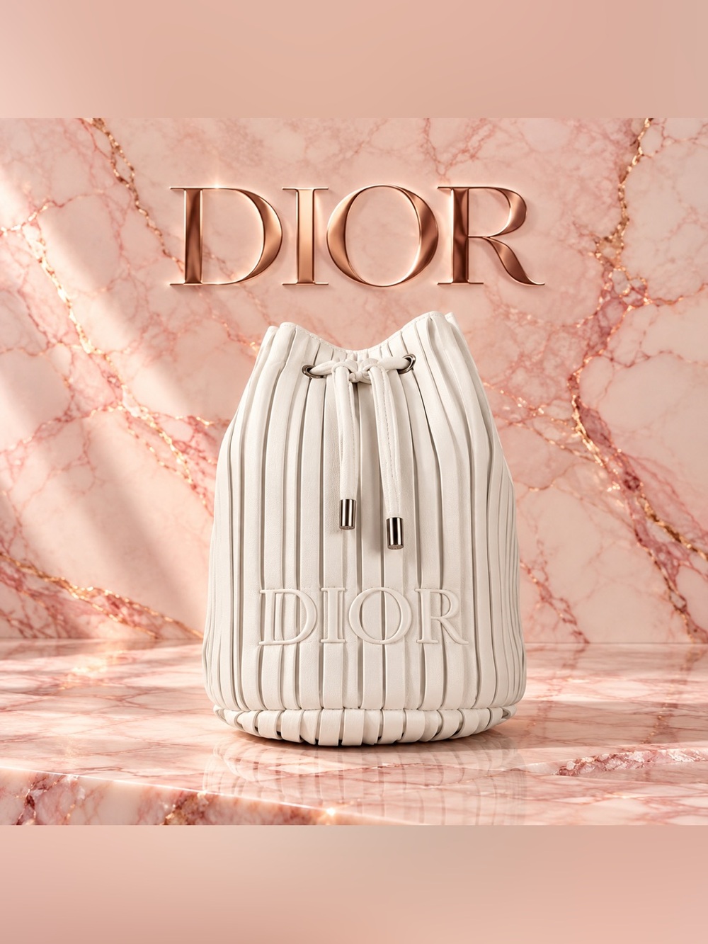 Dior Cream Pleated Drawstring Bucket Bag/ Pouch